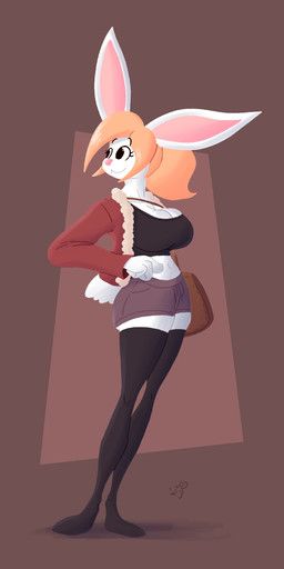 anthro bag bottomwear breasts cleavage clothed clothing female fur hair leggings legwear orange_hair shorts simple_background smile solo white_body white_fur jared_dillon clementine_(jared_dillon) hare lagomorph leporid mammal rabbit 1:2 absurd_res hi_res lineless