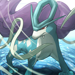 3_toes ambiguous_feral ambiguous_gender blue_body digitigrade feet feral head_turned light mane mouth_closed multicolored_body paws pupils purple_mane quadruped red_eyes ribbons_(anatomy) snout solo toes two_tone_body water white_body spicyichizo nintendo pokemon generation_2_pokemon legendary_pokemon pokemon_(species) suicune 1:1 2026 absurd_res hi_res lighting shaded