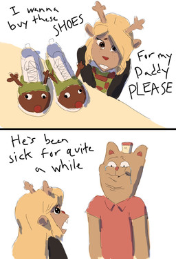 anthro antlers blonde_hair bodily_fluids brown_eyes buckteeth christmas_clothing christmas_footwear clothed clothing collared_shirt crying crying_laughing dialogue duo female footwear frown hair hat headgear headwear holidays horn laugh long_hair looking_at_viewer male open_mouth shirt shoes simple_background sweater tears teeth text topwear trying_not_to_laugh white_background wide_eyed redustheriotact christmas deltarune undertale_(series) burgerpants noelle_holiday deer domestic_cat felid feline felis mammal new_world_deer reindeer 2026 absurd_res comic english_text hi_res sketch