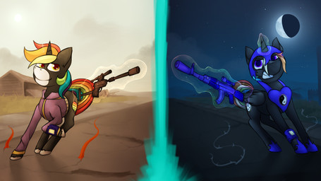 ambiguous_gender feral gun quadruped ranged_weapon solo weapon marsminer fallout hasbro microsoft my_little_pony fan_character rainbow_heart_(character) equid equine horse mammal pony 16:9 2016 absurd_res hi_res widescreen