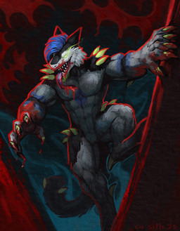 anthro blood blood_in_mouth blood_on_face blood_on_hand bodily_fluids claws evil_face evil_grin fangs fur glowing glowing_eyes green_eyes horror_(theme) male muscular muscular_male smile solo teeth tongue cu_sith_(artist) morami monster sergal digital_drawing_(artwork) digital_media_(artwork) digital_painting_(artwork) hi_res painting_(artwork)