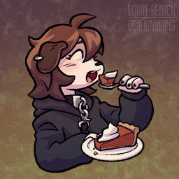 4_fingers anthro black_clothing black_nails black_sweater black_topwear blush blush_lines brown_hair clothing collar colored_nails ear_piercing eating eyes_closed female fingers food hair holding_fork holding_object holding_plate leash leashed_collar nails open_mouth pastry pie piercing plate pumpkin_pie solo sweater text topwear salamanding joan_(salamanding) canid canine canis domestic_dog mammal 1:1 artist_name bust_portrait digital_drawing_(artwork) digital_media_(artwork) english_description hi_res portrait watermark