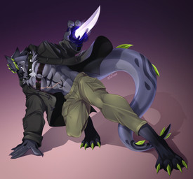 4_toes 5_fingers abdominal_markings abdominal_scar abs action_pose anthro arm_markings big_tail biped black_harness black_markings black_spikes blade bottomwear button_(fastener) chest_scar chin_spikes claws clothing collar digitigrade empty_eyes eyebrows facial_markings facial_spikes fangs feet finger_claws fingers front_view gradient_background green_bottomwear green_claws green_clothing green_eyebrows green_jacket green_pants green_spikes green_topwear grey_body grey_tail hand_markings hand_on_ground harness harness_ring head_markings head_spikes humanoid_hands jacket long_tail male markings mouth_closed multicolored_body multicolored_tail muscular muscular_anthro muscular_legs muscular_male neck_tuft o_rings pants pecs piercing pockets portal_ring pose ring_piercing scar serious_face simple_background solo spiked_collar spiked_tail spikes spikes_(anatomy) tail tail_markings teeth tight_bottomwear tight_clothing tight_pants toe_claws toes topwear tuft v-cut purtropos reptile scalie 2023 digital_media_(artwork) full-length_portrait hi_res portrait signature