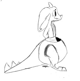ambiguous_gender anthro big_diaper big_ears cute_fangs diaper digitigrade fangs floppy_ears hands_behind_back horn huge_diaper side_view smile solo sound_effects teeth unclean_diaper used_diaper dumpnfwump kobold scalie 2026 hi_res monochrome sketch