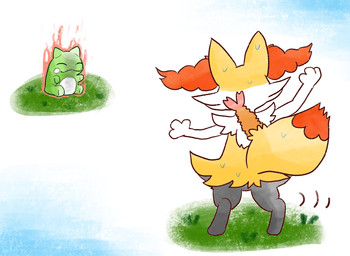 ambiguous_anthro ambiguous_gender anthro aura biped bodily_fluids digitigrade dipstick_tail duo food grass markings object_in_tail plant rear_view shrimp_(food) simple_background standing sweat sweatdrop tail tail_markings annyui0611 nintendo pokemon substitute_doll braixen canid generation_6_pokemon mammal pokemon_(species) 2022 digital_drawing_(artwork) digital_media_(artwork) full-length_portrait hi_res japanese_description portrait translated_description