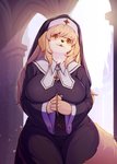 :3 anthro arch beads big_breasts black_clothing black_nose blonde_hair blush breasts clothed clothing cross day detailed_background female floppy_ears fluffy fluffy_tail fully_clothed fur habit hair hands_together kemono light long_hair looking_at_viewer monotone_hair multicolored_body multicolored_fur nun open_mouth outside prayer_beads rosary smile solo standing sunlight tail two_tone_body two_tone_fur white_body white_fur wide_hips yellow_body yellow_eyes yellow_fur whooo-ya canid canine canis domestic_dog mammal digital_media_(artwork) hi_res shaded