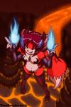 anthro breasts clothed clothing fangs female fingerless_gloves fire fur gloves green_eyes hair handwear hell horn lava legwear looking_at_viewer magic membrane_(anatomy) membranous_wings red_body red_fur red_hair skimpy solo stalagmite stockings teeth wings terdburgler linda_wright demon hybrid 2:3 hi_res