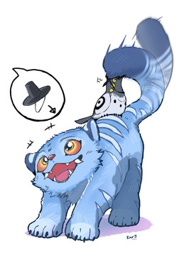 3_eyes 4_claws 4_fingers >_< ambiguous_gender annoyed asian_clothing black_eyes blue_body blue_fur blue_stripes blue_tail_tip claws clothing cross-popping_vein dipstick_tail directional_arrow duo east_asian_clothing eyes_closed fangs feral finger_claws fingers front_view fur gat_(hat) grey_body hat headgear headwear iconography korean_clothing looking_up markings multi_eye offscreen_character open_mouth open_smile orange_sclera overbite pose quadruped red_tongue simple_background sitting sitting_on_another sitting_on_back smile speech_bubble standing striped_arms striped_back striped_body striped_ears striped_legs stripes tail tail_markings teeth text toe_claws tongue tongue_showing white_background kuromonsart kpop_demon_hunters derpy_(kpop_demon_hunters) sussie_(kpop_demon_hunters) avian bird corvid felid magpie_(corvid) mammal oscine pantherine passerine tiger 2025 absurd_res artist_name colored digital_drawing_(artwork) digital_media_(artwork) english_text full-length_portrait hi_res portrait