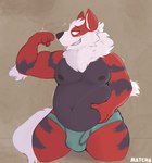 anthro arcanine arm_tuft belly biceps blush bulge canid canine chromawolf claws clothed clothing detailed_bulge elbow_tuft flexible flexing flexing_bicep generation_1_pokemon grabbing_stomach hi_res holding_belly male mammal muscular muscular_anthro muscular_male navel neck_tuft nintendo nipples overweight overweight_anthro overweight_male pecs pokemon pokemon_(species) sharp_teeth signature solo stained_underwear teeth teeth_showing thick_thighs tongue tuft underwear underwear_only