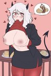 big_breasts bodily_fluids breasts clothed clothing cum cum_on_breasts female genital_fluids hair heart_symbol horn looking_at_viewer nipples nude simple_background smile solo tail text white_hair giffrenarts helltaker demon demon_humanoid humanoid digital_media_(artwork) english_text hi_res