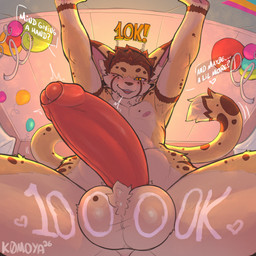 anthro balloon balls big_balls big_penis biped body_writing brown_hair brown_markings brown_nose celebration chest_tuft circle_eyebrows detailed_background dialogue ear_piercing ear_tuft eyebrows foreskin fur gauged_ear genitals glans hair heart_symbol humanoid_genitalia humanoid_penis inflatable looking_at_viewer low-angle_view male male_anthro markings multicolored_body narrowed_eyes nipples nude nude_anthro nude_male one_eye_closed open_mouth penis piercing ring_piercing slim smile solo tail tail_tuft tan_body tan_fur text tongue tuft two_tone_body yellow_body yellow_eyes yellow_fur k0moya will_(k0moya) felid feline mammal serval 1:1 2026 dated digital_media_(artwork) english_text hi_res milestone_celebration signature