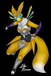 anthro armor black_sclera breasts claws female fur headgear helmet looking_at_viewer simple_background solo stylized_background white_body white_fur yellow_body yellow_fur shin_kerron bandai_namco digimon fan_character gwendolyn_(shin_kerron) canid canine digimon_(species) mammal renamon absurd_res alpha_channel digital_media_(artwork) hi_res