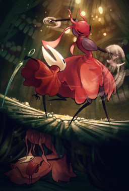 2_horns ambiguous_gender anthro biped black_eyes cloak clothed clothing duo empty_eyes fingers holding_melee_weapon holding_object holding_weapon horn melee_weapon red_body red_cloak red_clothing standing weapon rouughnix hollow_knight:_silksong hollow_knight_(franchise) team_cherry hornet_(hollow_knight) skarrsinger_karmelita ant arthropod hymenopteran insect skarr 2025 hi_res female_(lore)