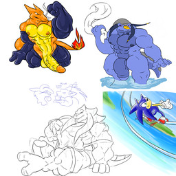 abs anthro anthrofied balls biceps big_muscles biped blue_body blue_eyes blue_fur erection eyes_closed fangs fire flaming_tail fur genitals grin horn kneeling latex male muscular muscular_anthro muscular_male nipples nude pecs penis pokemorph presenting pronounced_browridge sitting smile solo spread_legs spreading standing tail teeth tongue wet danandnite glaciersnow unknownwolf mythology nintendo pokemon sega sonic_the_hedgehog_(series) gs_(character) sonic_the_hedgehog charizard dragon eulipotyphlan generation_1_pokemon hedgehog mammal mythological_creature mythological_scalie pokemon_(species) reptile scalie 1:1 crossover multiple_scenes sketch source_request
