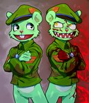 anthro belly blood bodily_fluids bottomless bottomless_anthro bottomless_male clothed clothing countershade_belly countershading fur green_body green_fur hat headgear headwear male split_personality daxratchet happy_tree_friends flippy_(htf) fliqpy_(htf) mammal hi_res