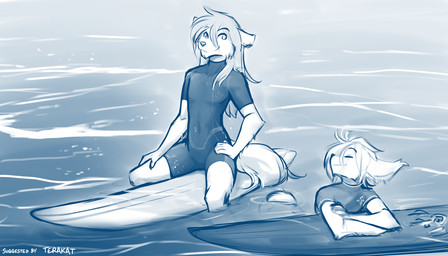 ambiguous_gender anthro clothed clothing duo eyes_closed fur male outside partially_submerged sea sitting smile straddling surfboard swimming water waterscape wet wet_body wet_fur wetsuit conditional_dnp tom_fischbach twokinds keith_keiser natani basitin canid canine canis keidran mammal wolf 2022 7:4 adobe_photoshop_(artwork) blue_and_white digital_media_(artwork) hi_res monochrome sketch trans_(lore) trans_man_(lore)