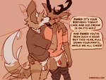 2024 anthro antlers balls biped blush bottomless bottomless_anthro bottomless_male bottomwear bottomwear_down brown_body brown_fur canid canine canis cantio_(lawyerdog) clothed clothing coyote deer dialogue digital_media_(artwork) duo ear_twitch english_text flaccid fur genitals good_boy horn jerma985 lawyerdog male male/male mammal multicolored_body multicolored_fur panko_(lawyerdog) pants pants_down partially_clothed penis speech_bubble tail tail_motion tailwag tan_body tan_fur text url white_body white_fur