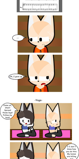 anthro drawing_(action) duo female keyboard_instrument laura_days male male/female musical_instrument piano running sheli_guts speech_bubble text this_is_my_luck_(comic) tired yoga elianrandomworks canid canine fox mammal absurd_res comic hi_res long_image tall_image