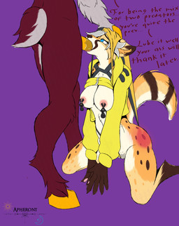 anthro atomic_wedgie big_dom_small_sub bodily_fluids clothed clothing clothing_pull dialogue dirty_talk dominant dominant_anthro dominant_male duo female humiliation kneeling kneeling_oral_position male male/female nipple_weights nipples no_bra oral raised_clothing raised_topwear saliva size_difference spank_marks species_play speciesism submissive submissive_anthro submissive_female text topwear topwear_up underwear underwear_on_head underwear_pull wedgie apheront rami_(apheront) rayza_alvares_(nyxthechee) bovid canid canine caprine cheetah felid feline fox hybrid mammal sheep absurd_res english_text hi_res