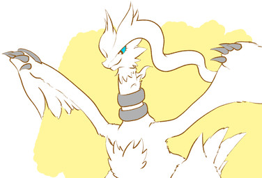 4_claws abstract_background ambiguous_gender anthro black_eyes blue_sclera chest_tuft claws eyelashes fluffy_wings fur grey_claws hair simple_background smile snout solo standing tuft white_background white_body white_fur white_hair white_wings wings yellow_background momensarada nintendo pokemon generation_5_pokemon legendary_pokemon pokemon_(species) reshiram 2022 colored half-length_portrait hi_res portrait