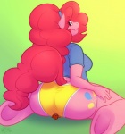 2013 anthro anthrofied big_butt big_hair blue_eyes breasts butt clothing cutie_mark duo earth_pony equid equine female friendship_is_magic fur hair hasbro hi_res horse huge_butt larger_female looking_at_viewer looking_back macro mammal micro my_little_pony panties pink_body pink_fur pink_hair pinkie_pie_(mlp) pony simple_background size_difference slightly_chubby smile sweetcreamfizz underwear