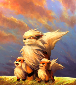 ambiguous_gender cloud daww detailed_background feral fluffy grass group male open_mouth outside plant red_eyes scenery size_difference sky star teeth tongue toony wind young young_feral toto_mame nintendo pokemon arcanine canid canine generation_1_pokemon growlithe mammal pokemon_(species) detailed digital_media_(artwork) digital_painting_(artwork) painting_(artwork) restricted_palette