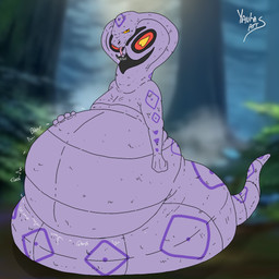 ambiguous_gender anthro apode belly big_belly hand_on_belly heart_symbol huge_belly legless looking_at_viewer orange_eyes overweight purple_arms purple_body purple_stripes purple_tail serpentine solo stripes tail yauhasart nintendo pokemon arbok draconcopode generation_1_pokemon naga pokemon_(species) reptile scalie snake 1:1 2025 flat_colors hi_res watermark