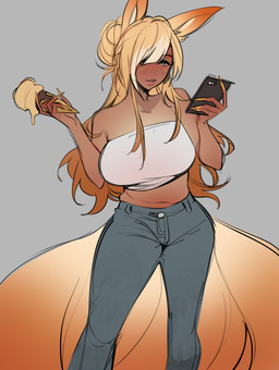 alternative_fashion bangs bottomwear cellphone clothing dark_body dark_skin denim denim_bottomwear denim_clothing dessert electronics female food grey_background gyaru ice_cream j-fashion jeans long_nails midriff pants phone simple_background smartphone solo stiletto_nails y2k_(fashion) glacierclear foxtrot_(glacierclear) creamsicle_(glacierclear) animal_humanoid canid canid_humanoid canine canine_humanoid fox_humanoid humanoid mammal mammal_humanoid 2022 absurd_res digital_media_(artwork) hi_res trans_(lore) trans_woman_(lore)