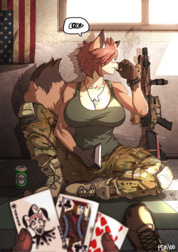 alcohol ambiguous_gender american_flag anthro assault_rifle beer beverage beverage_can big_breasts boots bottomwear breasts brown_body brown_fur camo camo_bottomwear camo_clothing camo_pants camo_print card card_game cigarette cigarette_in_mouth cleavage clock clothed clothing dog_tags duo emanata female footwear frustration_cloud fur gaming green_clothing green_shirt green_tank_top green_topwear gun hair holding_object inside jack_of_clubs joker_(playing_card) knee_pads looking_away military mk18 mk18_socom object_in_mouth pants pattern_bottomwear pattern_clothing pattern_pants playing playing_card ranged_weapon red_hair rifle shirt shoes sitting smoke smoking smoking_cigarette soldier solo_focus speech_bubble tank_top ten_of_hearts text topwear united_states_of_america warrior watch weapon white_body white_fur wristwatch pgm300 heineken canid canine mammal digital_media_(artwork) english_text hi_res pictographics shaded