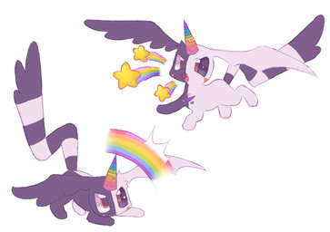 all_fours ambiguous_gender attack black_body black_sclera brown_eyes chest_markings fangs feathered_wings feathers feral genetic_chimerism glistening glistening_eyes head_tuft head_wings heterochromia horn long_tail markings membrane_(anatomy) membranous_wings multicolored_body open_mouth rainbow shooting_star solo sparklefur spread_wings star striped_markings striped_tail stripes superflat tail tail_markings teeth toony tuft unicorn_horn unusual_wing_placement white_body wings clockstops3am conditional_dnp nano_(labbit) ambiguous_species unknown_species hi_res