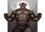 2020 abs absurd_res anthro beard biceps big_muscles black_body black_fur black_nipples bottomwear bovid bovine cattle clothed clothing facial_hair fur goatee gyumao_(tas) hair hi_res horn huge_muscles lifewonders looking_at_viewer male mammal muscular muscular_anthro muscular_male nipples pants pecs red_hair scar solo standing tokyo_afterschool_summoners topless torn_bottomwear torn_clothing torn_pants traver009 vein veiny_muscles white_horn