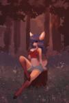 anthro biped bottomwear breasts clothed clothing female flower forest grass hooves plant shorts sitting smile solo tree kolae aldea_(character) deer mammal digital_media_(artwork) hi_res shaded