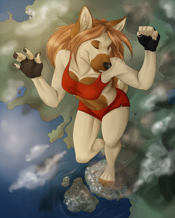 4_toes 5_fingers anthro biped black_clothing black_gloves black_handwear black_nose bottomwear brown_body brown_ears brown_fur brown_hair city_destruction clothed clothing cloud destruction digitigrade eyes_closed feet female female_anthro fingers fur gloves hair handwear inner_ear_fluff long_hair macro outside red_bottomwear red_clothing red_topwear smile solo standing tan_body tan_fur tan_inner_ear_fluff toes topwear tuft solaxe_(artist) hera_(hera) canid canine canis domestic_dog mammal full-length_portrait portrait shaded