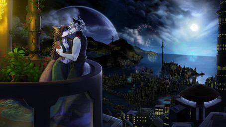 amazing_background anthro balcony breasts bridge brown_hair city cityscape clothed clothing cloud detailed_background dress duo eyes_closed female fireworks fur hair kissing lights male markings moon night outside pillar planet plant romantic romantic_ambiance romantic_couple sea seaside suit tail vines water white_body white_fur white_hair blackby canid canine canis fox mammal wolf detailed hi_res