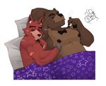 abs anthro bed bed_sheet bedding bodily_fluids brown_body brown_fur cigar duo ear_piercing ear_ring eyes_closed fur furniture male male/male muscular piercing red_body red_fur ring_piercing simple_background sweat white_background mr_sharky five_nights_at_freddy's scottgames foxy_(fnaf) freddy_(fnaf) bear canid canine fox mammal hi_res