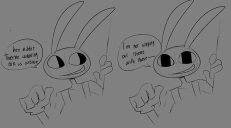 4_fingers anthro clothing door doorway fingers looking_aside male offscreen_character overalls pupils simple_background smile solo speech_bubble square_pupils karnthud glitch_productions the_amazing_digital_circus jax_(tadc) lagomorph leporid mammal rabbit monochrome