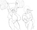 biceps big_breasts blush breasts duo exercise female genitals holding_object huge_breasts humanoid_pointy_ears muscular muscular_female nipples not_furry nude pussy simple_background smile weightlifting weights workout marauder6272 shrapnel_(character) human humanoid mammal 5:4 absurd_res hi_res monochrome sketch