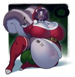 anthro belt big_breasts big_bulge biped bodily_fluids body_writing breasts bulge christmas_clothing christmas_headwear clothed clothing cum cum_inflation cum_inside flaccid fluffy fluffy_tail genital_fluids genitals gynomorph hair hat headgear headwear holidays huge_breasts inflation intersex logo long_socks looking_at_viewer open_mouth penis santa_hat shirt short_hair solo speech_bubble tail tally_marks text topwear boosterpang christmas louis_(grendelrat) mammal mephitid skunk 2024 artist_logo english_text hi_res busty_boy_(lore) male_(lore)
