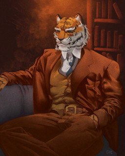 anthro belt black_body black_fur black_nose black_sclera black_stripes book bookshelf bottomwear brown_background brown_bottomwear brown_clothing brown_pants brown_suit brown_suit_jacket cheek_tuft clothed clothed_male clothing collared_shirt crossed_legs dress_shirt facial_tuft front_view fully_clothed fully_clothed_male fur furniture green_eyes grey_necktie hand_in_pocket inner_ear_fluff looking_forward male male_anthro necktie orange_body orange_fur pants pockets resting_arm shirt simple_background sitting sofa solo stripes suit suit_jacket topwear tuft vest white_body white_dress_shirt white_fur white_inner_ear_fluff guyinvintageclothes felid mammal pantherine tiger 2023 hi_res signature