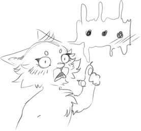 anthro blush claws clothed clothing ears_back flustered fuzzy gesture hand_gesture male open_mouth pawpads pivoted_ears pointing raised_arm shirtless shocked simple_background solo speech_bubble stunned topless white_background wide_eyed squibstash dreamworks puss_in_boots_(franchise) puss_in_boots_(dreamworks) domestic_cat felid feline felis mammal monochrome sketch