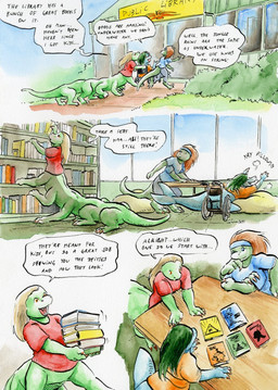 10_legs 3_toes 4_arms 4_fingers air_puff anthro apode arms_down auburn_hair bean_bag bent_arm big_hair big_hands biped blonde_hair blue_body blue_clothing blue_shirt blue_sky blue_t-shirt blue_topwear book bookshelf building claws climbing clothed clothing crossed_arms dialogue digitigrade door earless eyes_closed feet female fingers flippers floor flukes furgonomic_shirt furgonomics furniture gesture glass glass_window grass green_body green_hair green_wall group hair hand_gesture hand_on_face hands_on_table happy high-angle_view holding_book holding_object in_wheelchair inside leaning leaning_forward legless library looking_aside looking_at_another lying multi_arm multi_leg multi_limb on_front open_mouth orange_clothing orange_eyes orange_shirt orange_t-shirt orange_topwear outside path plant pushing_wheelchair quadruped raised_hand reaching_up red_clothing red_shirt red_t-shirt red_topwear sharp_teeth shirt short_hair short_tail shrub side_view sign simple_background sitting sky smile snout speech_bubble split_form sprawling_gait standing t-shirt table tail tapering_tail teeth text thick_tail thinking tile tile_floor toes tongue topwear trio vehicle walkway wheelchair white_background window cervelet aqua_(growing_troubles) liz_(growing_troubles) nia_(growing_troubles) aquatic lizard lizard_taur long_taur merfolk reptile reptile_taur scalie scalie_taur taur 2021 comic english_text handwritten_text multiple_scenes painting_(artwork) shaded signature traditional_media_(artwork) traditional_painting_(artwork) traditional_watercolor_(artwork) watercolor_(artwork)
