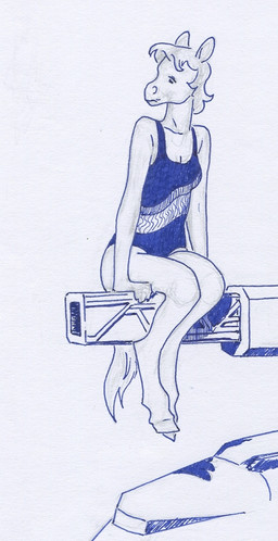 anthro clothed clothed_anthro clothing female hooves leotard mane sitting solo swimwear tail unguligrade adeptus-monitus equid equine horse mammal pony monochrome traditional_media_(artwork)