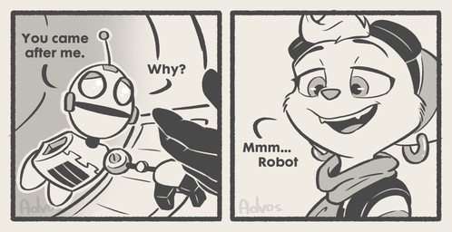 anthro clothed clothing duo ear_piercing eyewear eyewear_on_head female fur gloves goggles goggles_on_head green_eyes hair handwear machine male missing_arm open_mouth piercing smile text advos ratchet_and_clank sony_corporation sony_interactive_entertainment clank_(ratchet_and_clank) rivet_(ratchet_and_clank) lombax mammal robot comic digital_media_(artwork) english_text hi_res monochrome