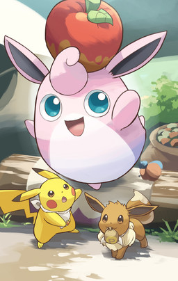 ambiguous_gender anthro apple badge blue_eyes brown_body brown_eyes brown_fur explorer_badge female feral food fruit fur group looking_at_another male object_in_mouth open_mouth paws pink_body pink_fur plant sack tail tongue trio yellow_body hakkentai_pkdn nintendo pmd:_discovery_team_of_stars_and_souls pokemon pokemon_mystery_dungeon spike_chunsoft guildmaster_wigglytuff eevee generation_1_pokemon pikachu pokemon_(species) wigglytuff 2025 hi_res