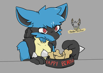 3_fingers after_transformation anthro birthday black_body black_fur black_hands blue_body blue_fur bowl chest_spike container dog_food dog_treat fangs fingers fur grey_background hand_spike happy_birthday male multicolored_body multicolored_fur pet_bowl pet_food pointy_ears pupils red_eyes simple_background slit_pupils solo spikes spikes_(anatomy) teeth text transformation yellow_body yellow_fur hayden_fencfoxo nintendo pokemon team_rocket canid generation_4_pokemon lucario mammal pokemon_(species) english_text hi_res signature