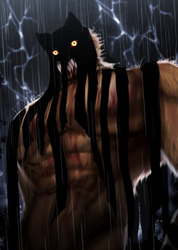 abs black_mask black_stripes blood bodily_fluids brown_body brown_fur fur lightning_bolt looking_at_viewer male muscular muscular_male pecs raining sharp_teeth solo stripes teeth yellow_eyes mitsu_qo dream_tiger_(govy9807) felid mammal pantherine tiger hi_res