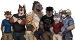 2_horns anthro biped brown_body brown_fur countershade_fur countershading curved_horn ear_piercing ear_ring female fur grey_body grey_fur group horn looking_at_viewer male muscular muscular_anthro muscular_male piercing red_body red_fur ring_piercing slim_anthro slim_male standing white_body white_countershading white_fur mochaenby echo_(game) echo_(series) echo_project carl_hendricks chase_hunter flynn_moore jenna_begay leo_alvarez sydney_bronson tj_hess bovid canid canine canis caprine felid feline fox goat kit_fox lizard lynx mammal mustelid otter reptile scalie true_fox wolf 2024 digital_drawing_(artwork) digital_media_(artwork) hi_res shaded soft_shading