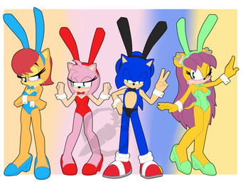 anthro blush bunny_costume clothing costume cuffs_(clothing) ear_piercing fake_ears fake_rabbit_ears female footwear gesture group hair hand_gesture hero high_heels leotard lidded_eyes long_hair male male/female piercing princess royalty shoes underwear v_sign ogthecarrot archie_comics sega sonic_the_hedgehog_(archie) sonic_the_hedgehog_(comics) sonic_the_hedgehog_(series) amy_rose mina_mongoose sally_acorn sonic_the_hedgehog eulipotyphlan ground_squirrel hedgehog herpestid mammal mongoose rodent sciurid absurd_res hi_res