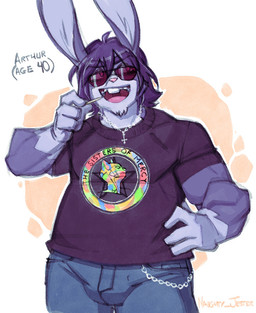 aged_up anthro bottomwear chain clothing cross cross_necklace denim denim_bottomwear denim_clothing eyewear fur hair hand_on_hip inverted_cross jeans jewelry male muscular muscular_male necklace pants purple_body purple_fur purple_hair shirt solo sunglasses t-shirt toothpick topwear naughtyjester the_sisters_of_mercy arthur_(lapinbeau) domestic_rabbit flemish_giant lagomorph leporid mammal oryctolagus rabbit 2023 signature