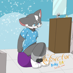 >_< anthro bathroom breath clothing clothing_pull diaper diaper_around_ankles diaper_down eyes_closed feces going_potty grunting male pooping potty potty_chair potty_training pull-ups_(diaper) shirt shirt_pull sitting_on_potty solo topwear topwear_pull srcfur nekomew's_potty_trouble pikewin_games nekomew felid feline mammal 1:1 absurd_res hi_res shaded simple_shading watermark